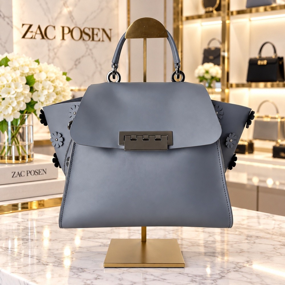 Zac Posen Eartha Iconic Top Handle Satchel Floral Applique Leather Blue